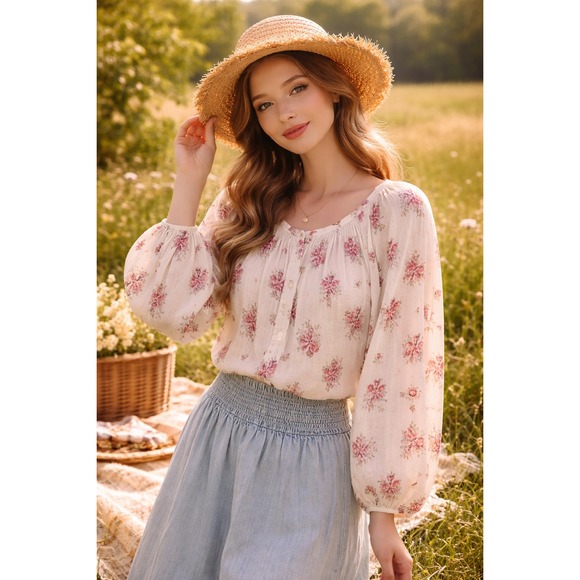 Chaps Tops - Chaps Womens Floral Gauze Peasant Blouse Cream Pink Button Front Long Sleeve L